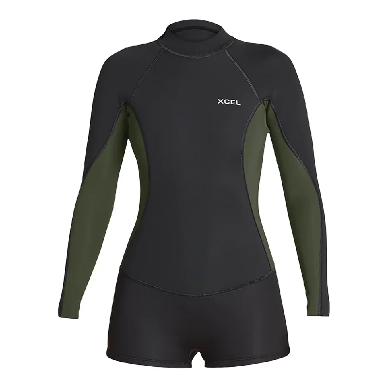 surfboards with easy grip for foot control-XCEL WMNS 2MM AXIS L/S SPRINGSUIT BLACK/DARK FOREST