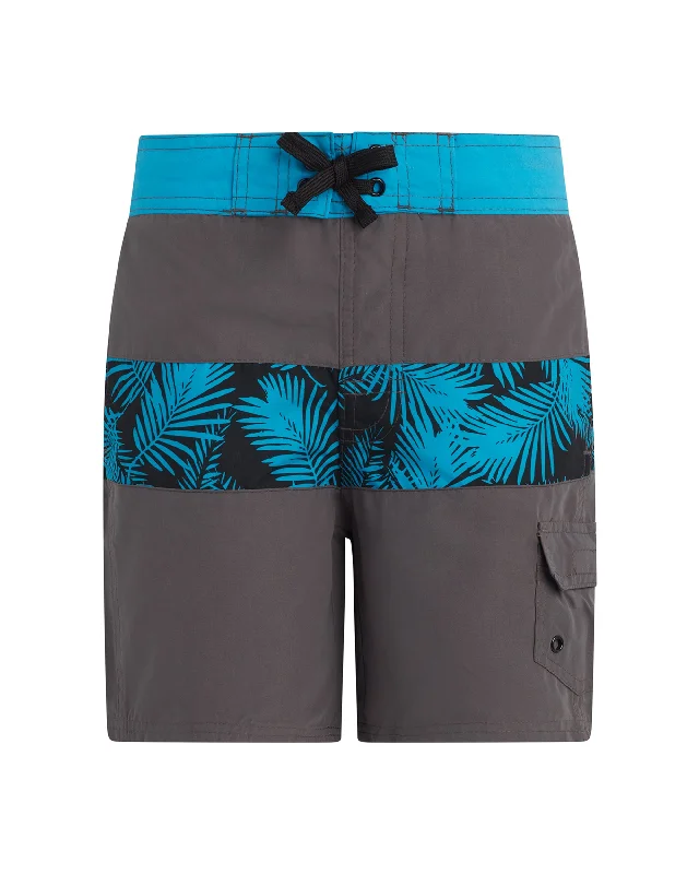 surfboards with high-performance rails-Boys' Dotted Palm-Print Swim Shorts - Grey & Blue