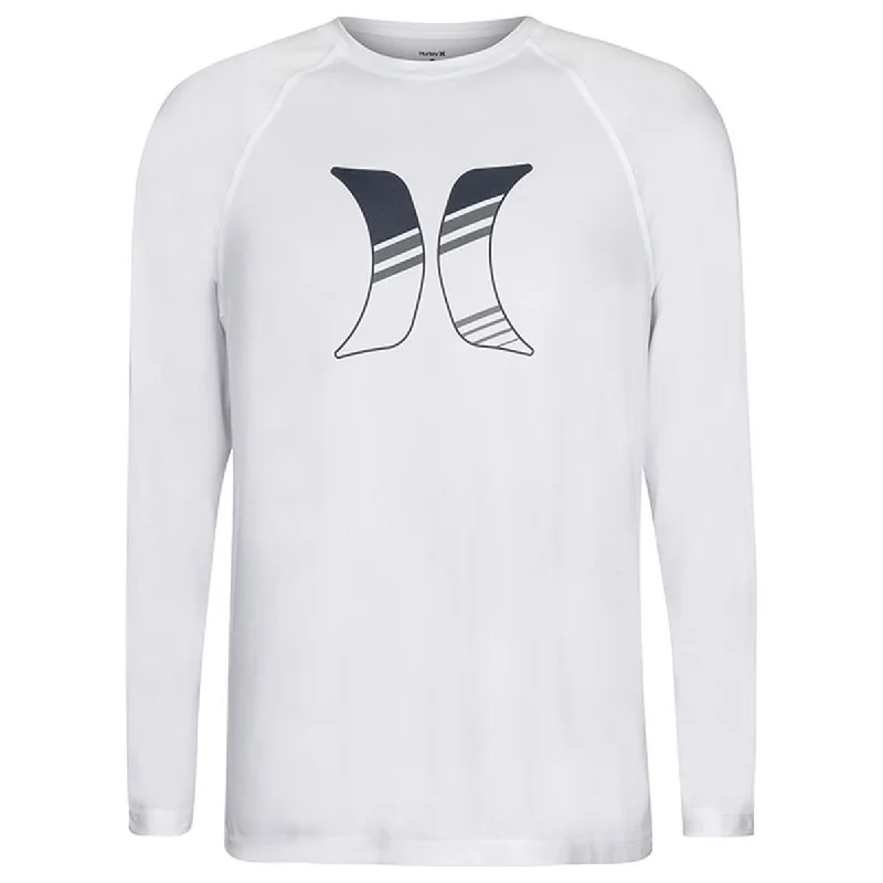 surfboards with improved fin placement-Mens Rashies Hurley Long Sleeve SUNSHIRT - White Traditional