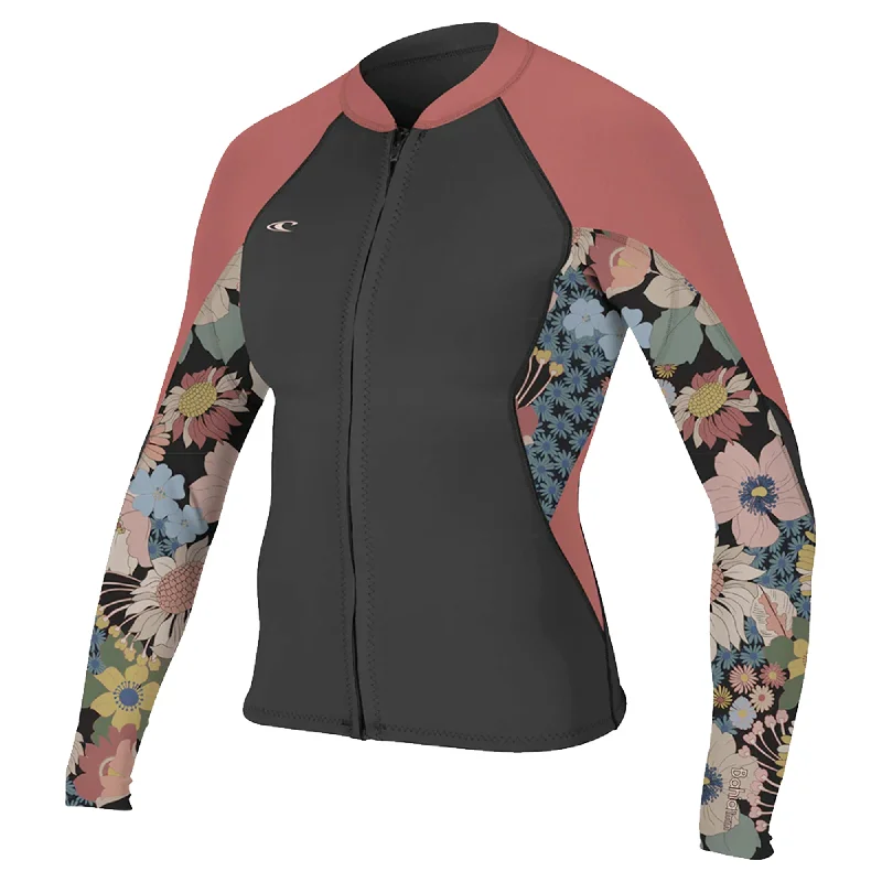 surfboards for shallow waters-O'Neill Bahia 1.5mm Women's Front Zip Wetsuit Jacket - Black/Tearose