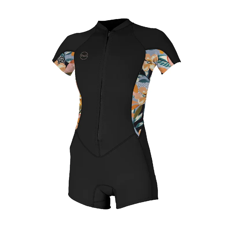 surfboards for quick paddling-O'Neill Bahia Women's 2/1mm Front Zip S/S Women's Springsuit Wetsuit - Black/Demi Floral