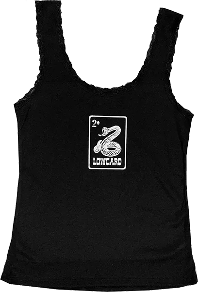 surfboards for carving and maneuvering-Lowcard Rattler Card Lace Trimmed Tank Top Size: SMALL Black