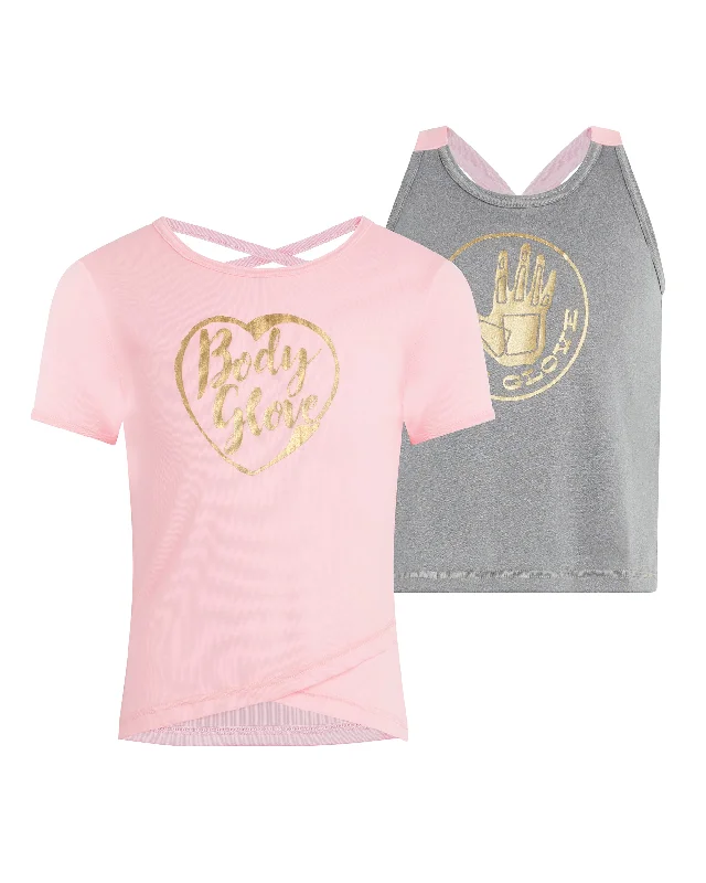 surfboards with increased volume for better buoyancy-Girls' Short-Sleeve Shirt and Tank Top Set (7-12) - Pink & Grey