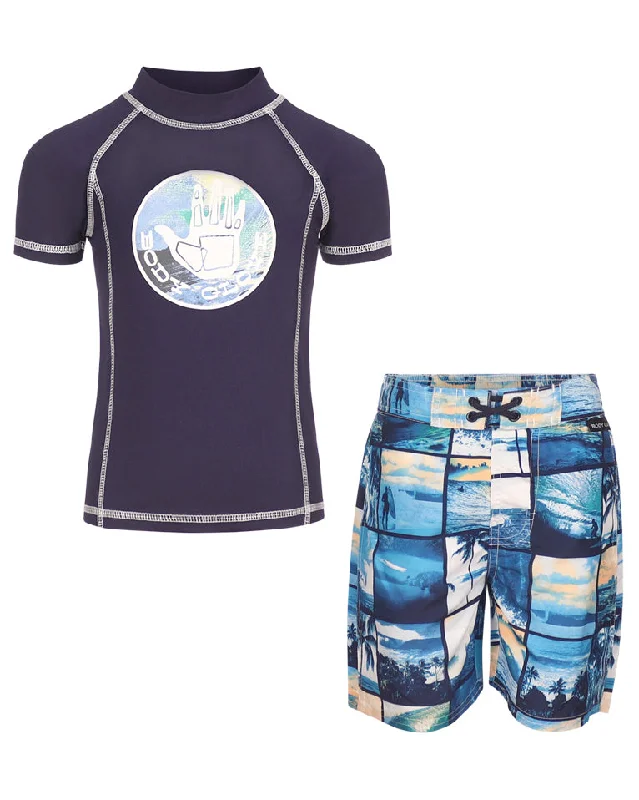 surfboards for freestyle maneuvers-Boys' Rash Guard & Swim Shorts Set - Blue Patchwork