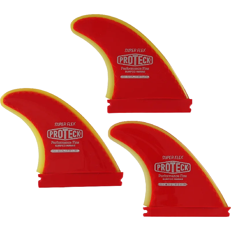 surfboards with precise rail design for carving-Proteck Super Flex FFS Surfboard Fins 4.5 - Red / Yellow - Thruster Set 3pcs