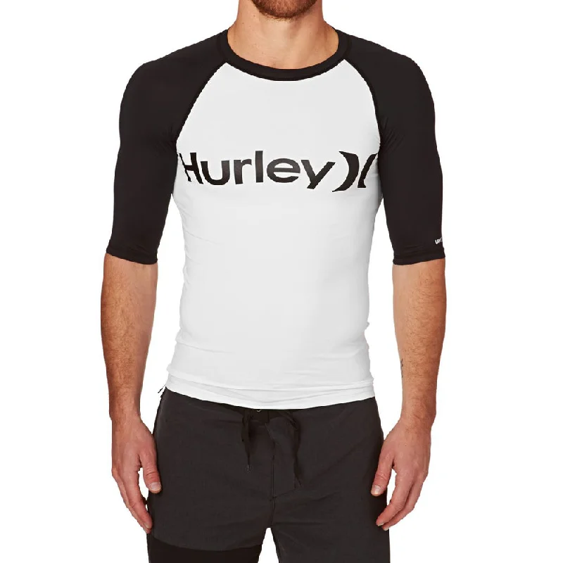 surfboards for deep water riding-Mens Rashies Hurley One & Only Short Sleeve Rash Vest Black/White