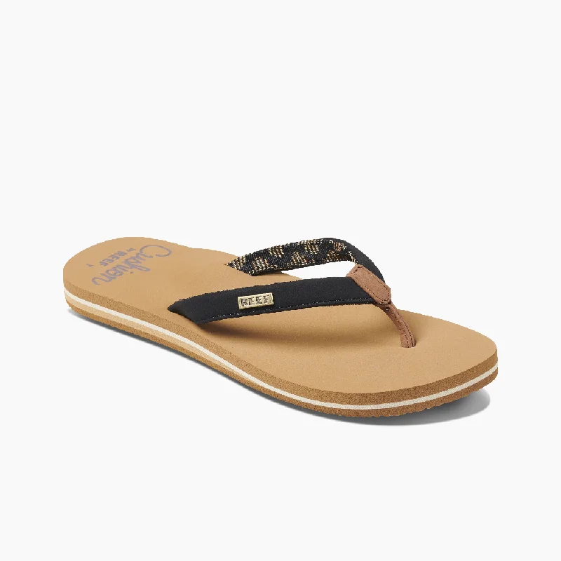 surfboards with wide noses for better balance-Reef Cushion Sands Women's Sandals - Black Tan