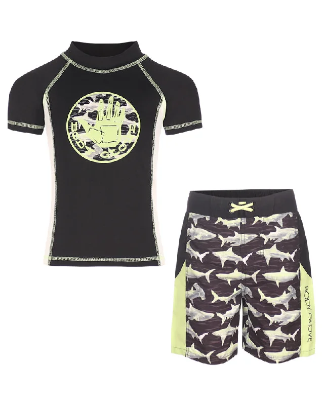 best surfboards for fast paddling-Boys' Rash Guard & Swim Shorts Set - Black & Green